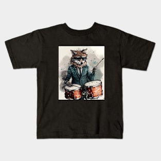 Watercolor Art Wolf Playing Drums Kids T-Shirt